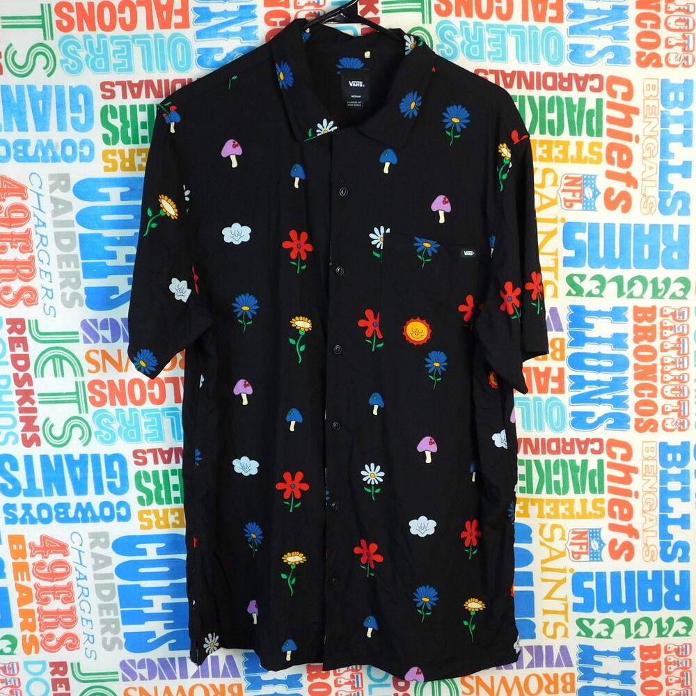 Vans Floral Mushroom Shirt Mens Medium Black Psychedelic Button Up Skate AOP